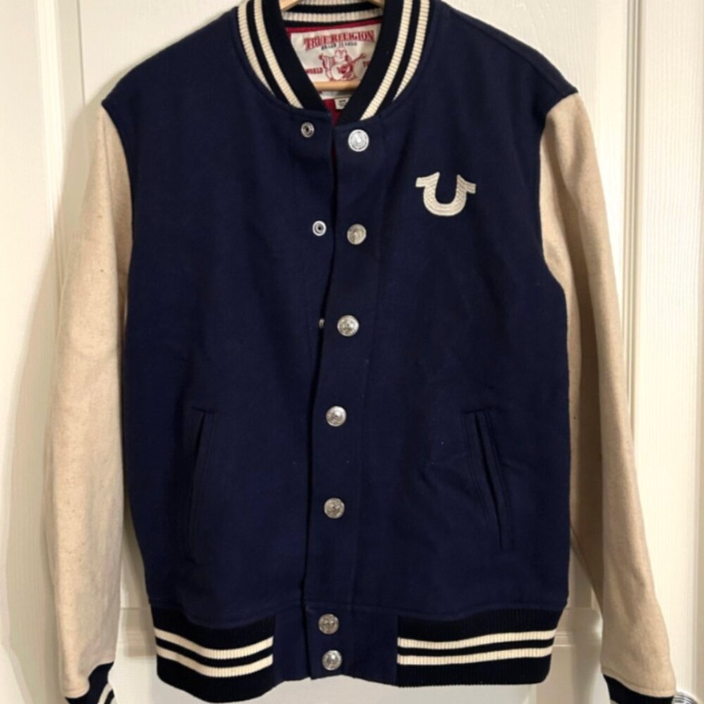 True Religion Varsity Letterman Jacket Wool Blend Snap Front Y2K Streetwear - Picture 2 of 12